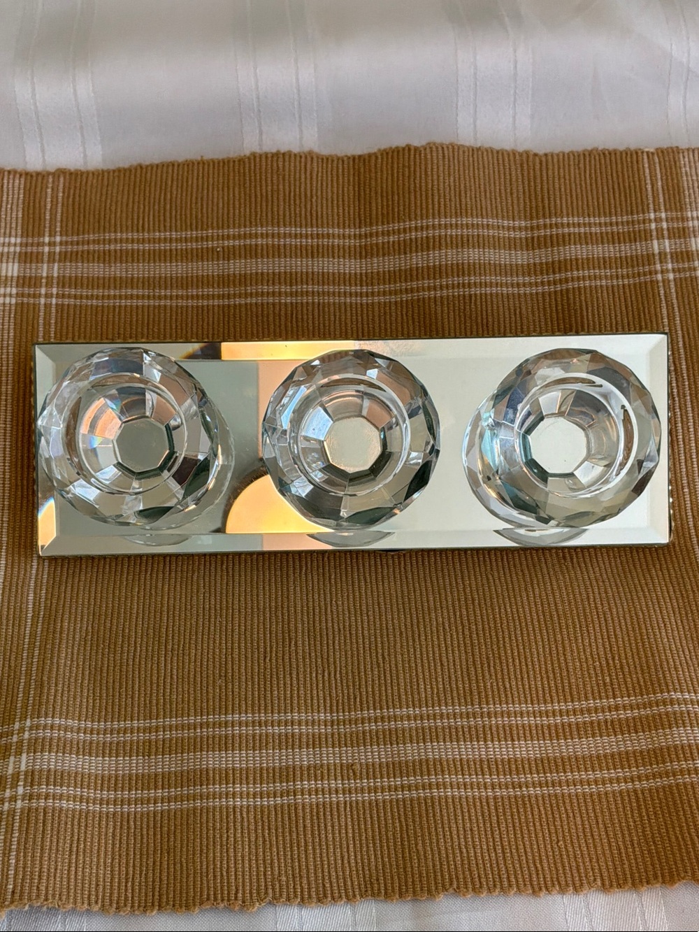 Gift craft 3 arm crystal tea light candle holder clear glass cups mirror base